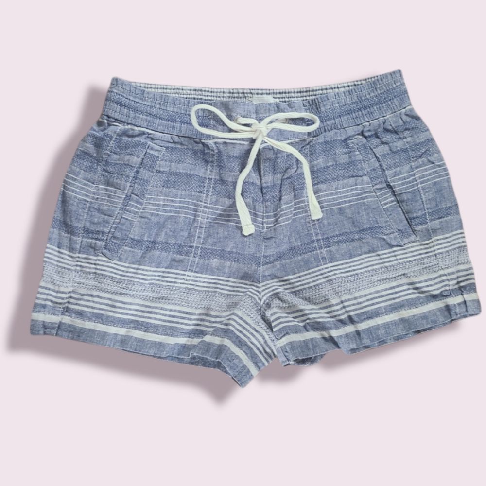 Lou & Grey Blue Denim White Striped Linen Cotton Shorts Rope Tie Nautical